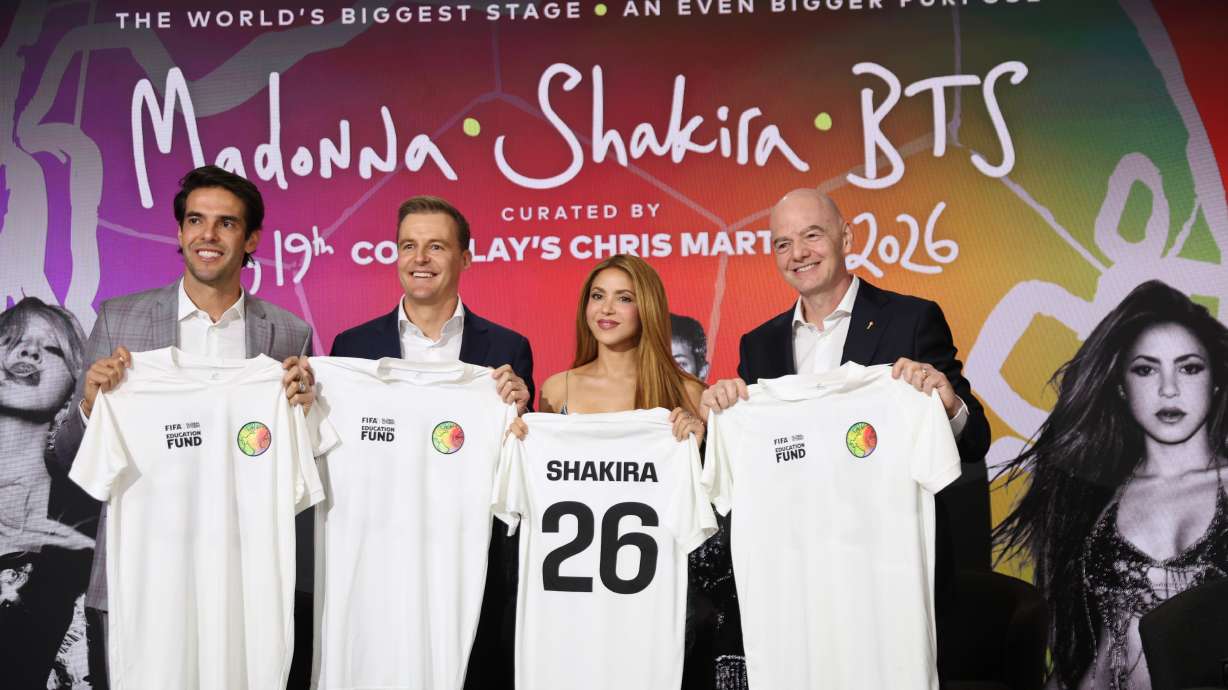 From left, Kaká, Hugh Evans, Shakira, and Gianni Infantino pose for a photo after a panel on the 2026 FIFA World Cup soccer tournament halftime show during the Global Citizen NOW summit, Thursday, May 14, 2026, in New York.