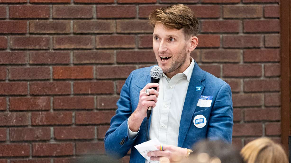 Sen. Nate Blouin, D-Millcreek, a candidate for Utah’s newly-drawn 1st Congressional District, speaks during a gathering held at West High School in Salt Lake City as part of caucus night in Utah on March 17.
