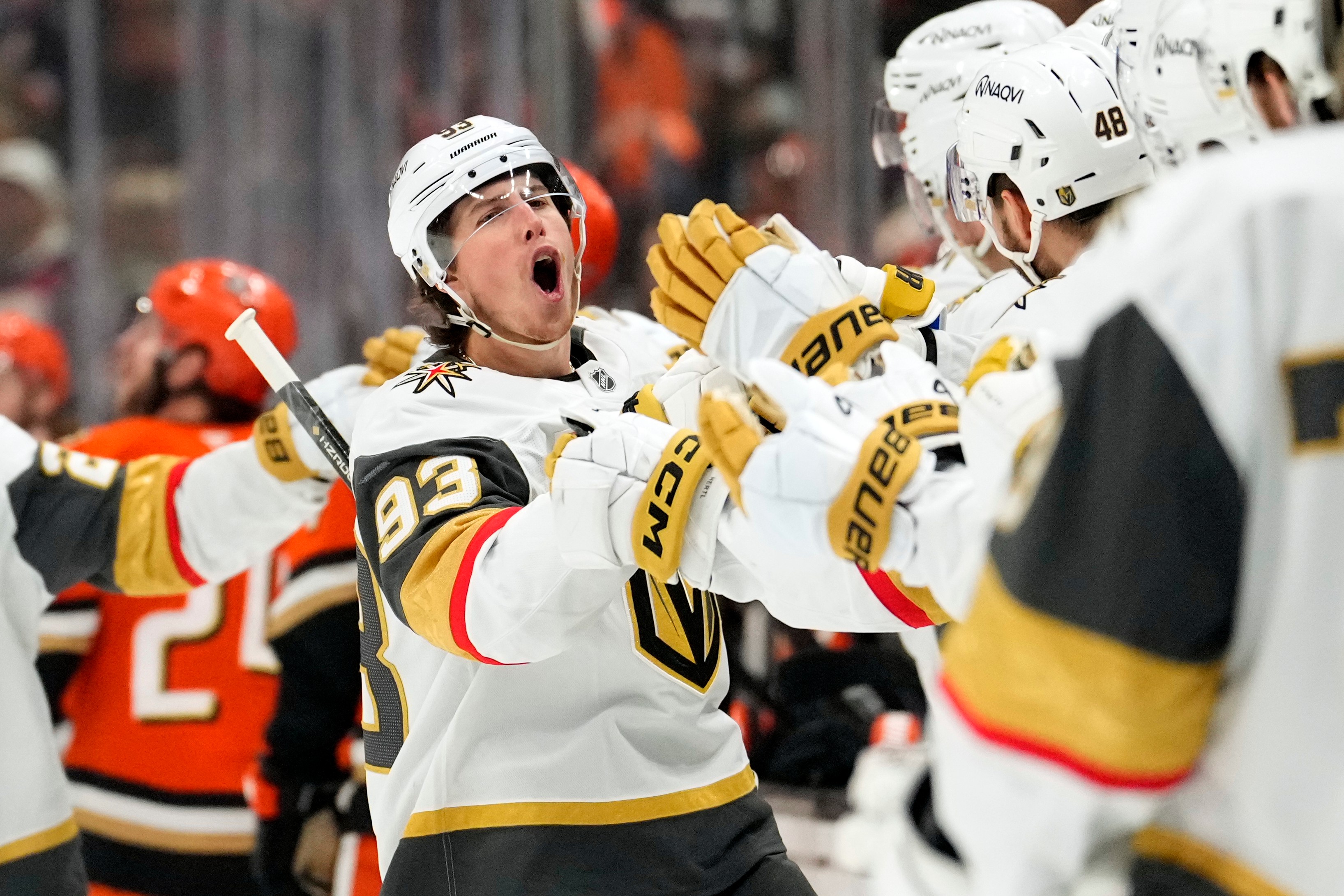 Vegas Golden Knights right wing Mitch Marner, second from left, celebrates his goal with teammates during the first period in Game 6 of a second-round NHL hockey Stanley Cup playoff series against the Anaheim Ducks, Thursday, May 14, 2026, in Anaheim, Calif.