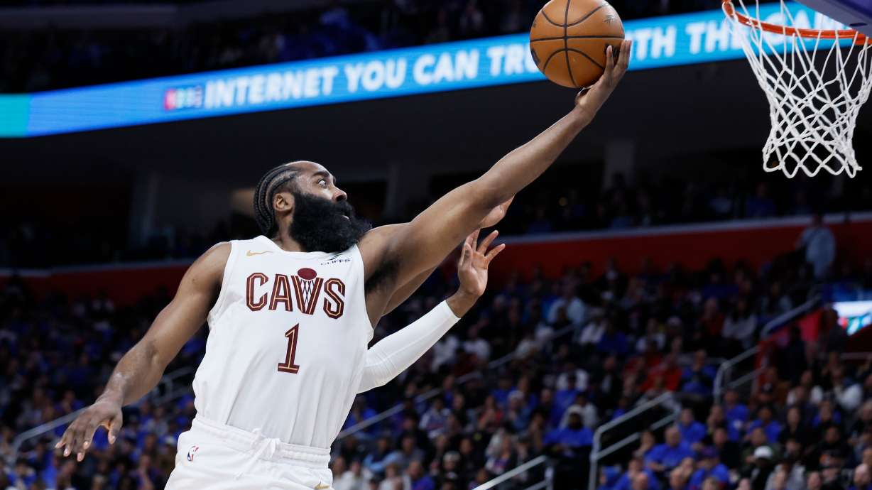 Cleveland Cavaliers guard James Harden goes to the basket against the Detroit Pistons during the second half in Game 5 of a second-round NBA playoffs basketball series, Wednesday, May 13, 2026, in Detroit.