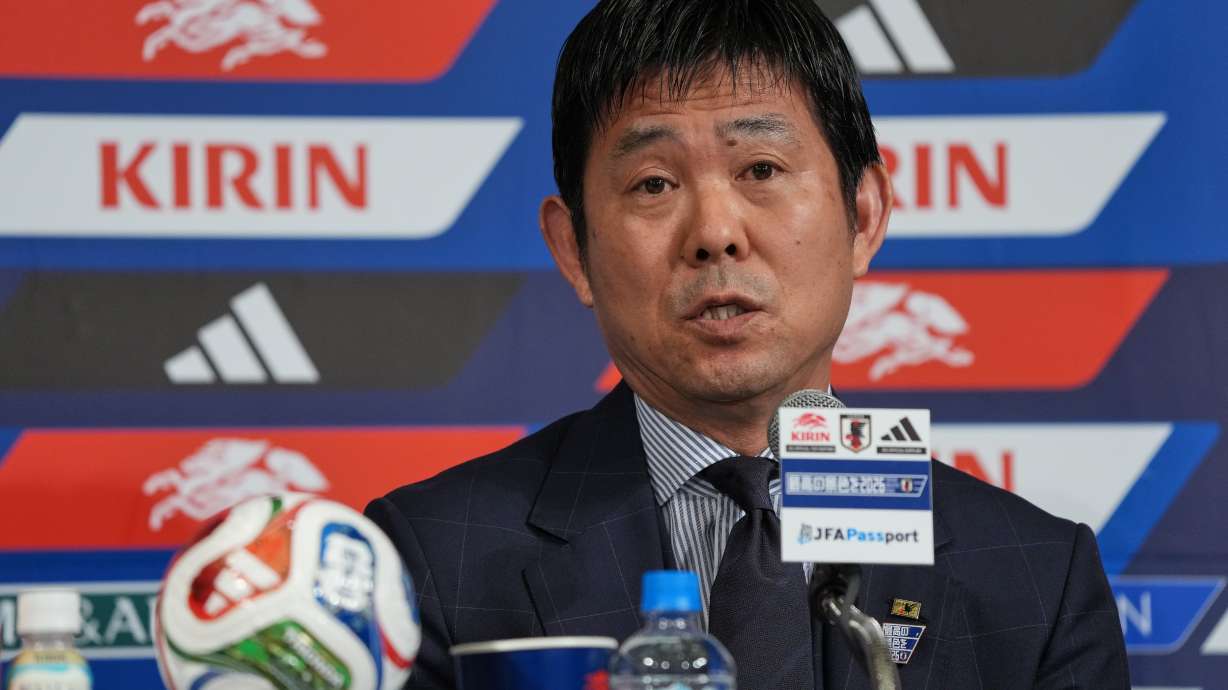 Hajime Moriyasu, head coach of Japan's national soccer team, speaks during a news conference announcing Japan's squad for the 2026 FIFA World Cup Friday, May 15, 2026, in Tokyo.