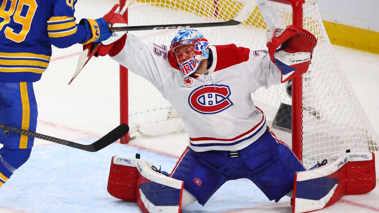 Montreal Canadiens goaltender Jakub Dobes makes a save during the third period in Game 5 of a second-round NHL hockey Stanley Cup playoff series against the Buffalo Sabres, Thursday, May 14, 2026, in Buffalo, N.Y.