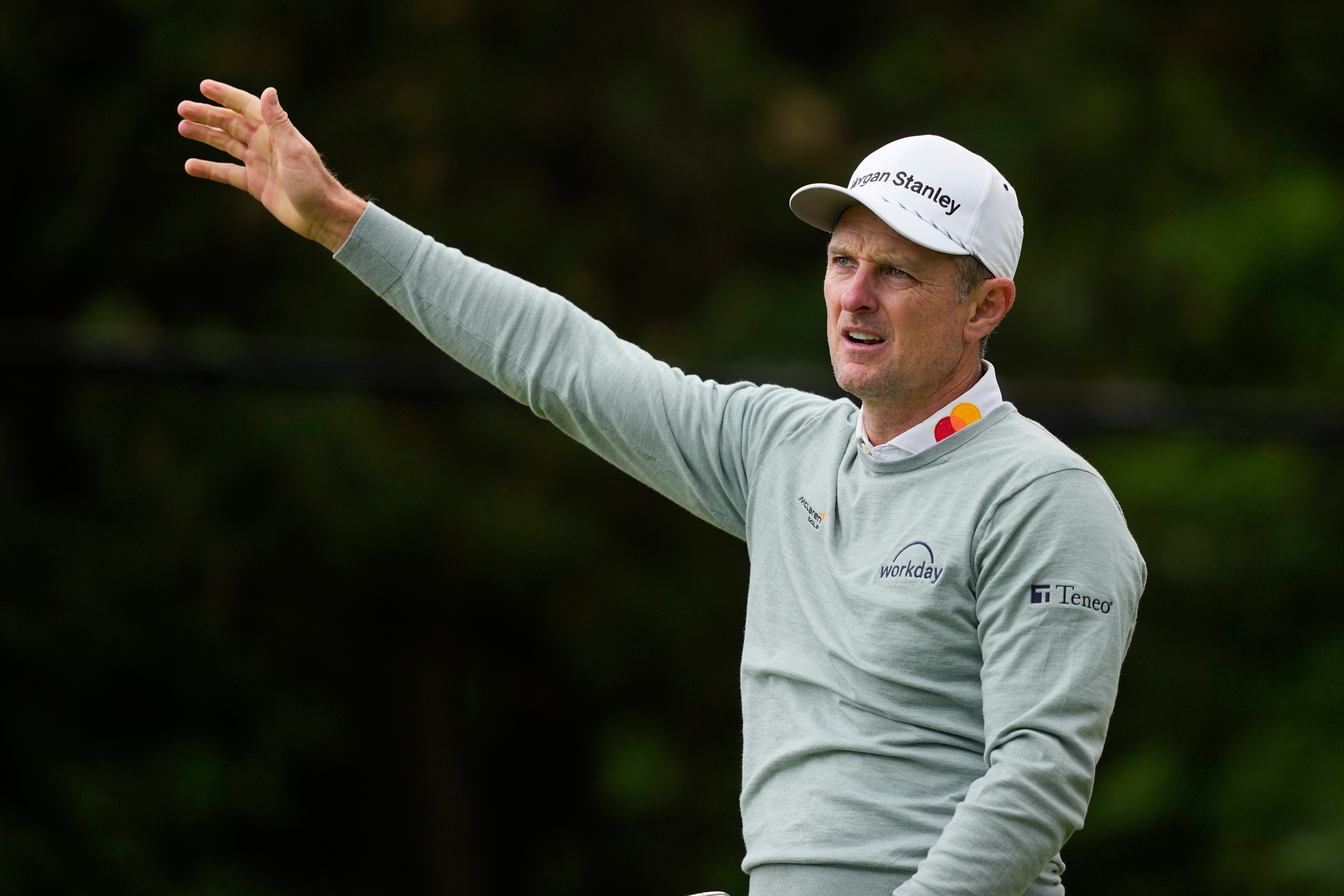 Justin Rose, of England, hits from the 13th tee during the second round of the PGA Championship golf tournament at Aronimink Golf Club, Friday, May 15, 2026, in Newtown Square, PA. 
