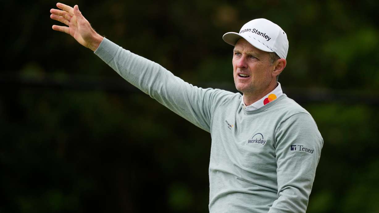 Justin Rose, of England, hits from the 13th tee during the second round of the PGA Championship golf tournament at Aronimink Golf Club, Friday, May 15, 2026, in Newtown Square, PA.