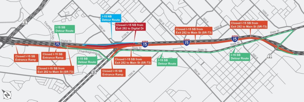 A map showing detours available during the closure of I-15 near 2100 North in Lehi, Friday. The section of I-15 will shut down at midnight until 5 a.m. Saturday.