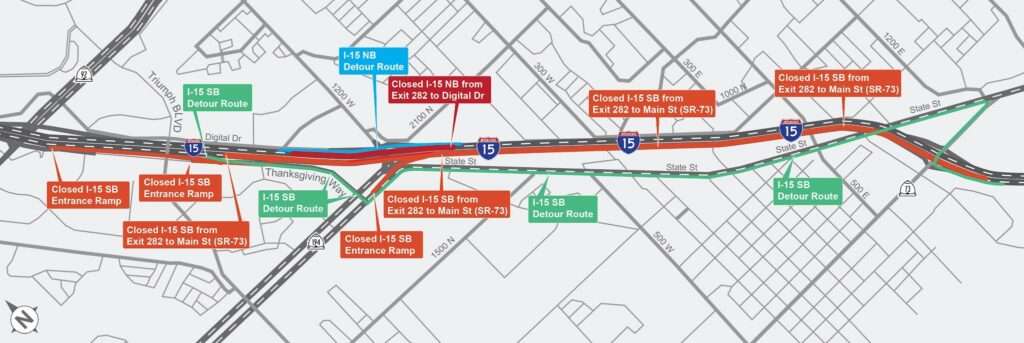 A map showing detours available during the closure of I-15 near 2100 North in Lehi, Friday. The section of I-15 will shut down at midnight until 5 a.m. Saturday.