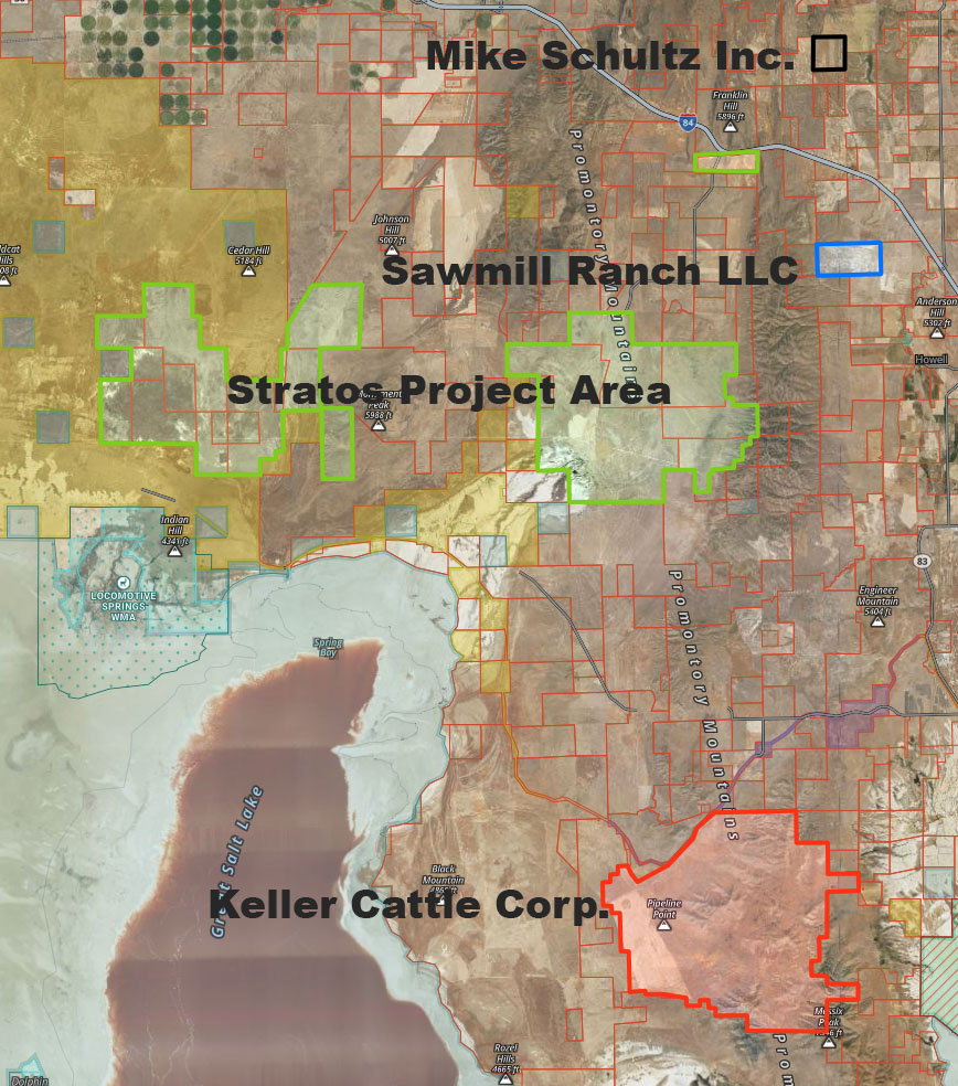 This screenshot shows the approximate parcels of land owned by House Speaker Mike Schultz's companies in relation to the land planned for the Stratos Project Area data center in Box Elder County. Three separate tracts of land for the data center are highlighted in green.