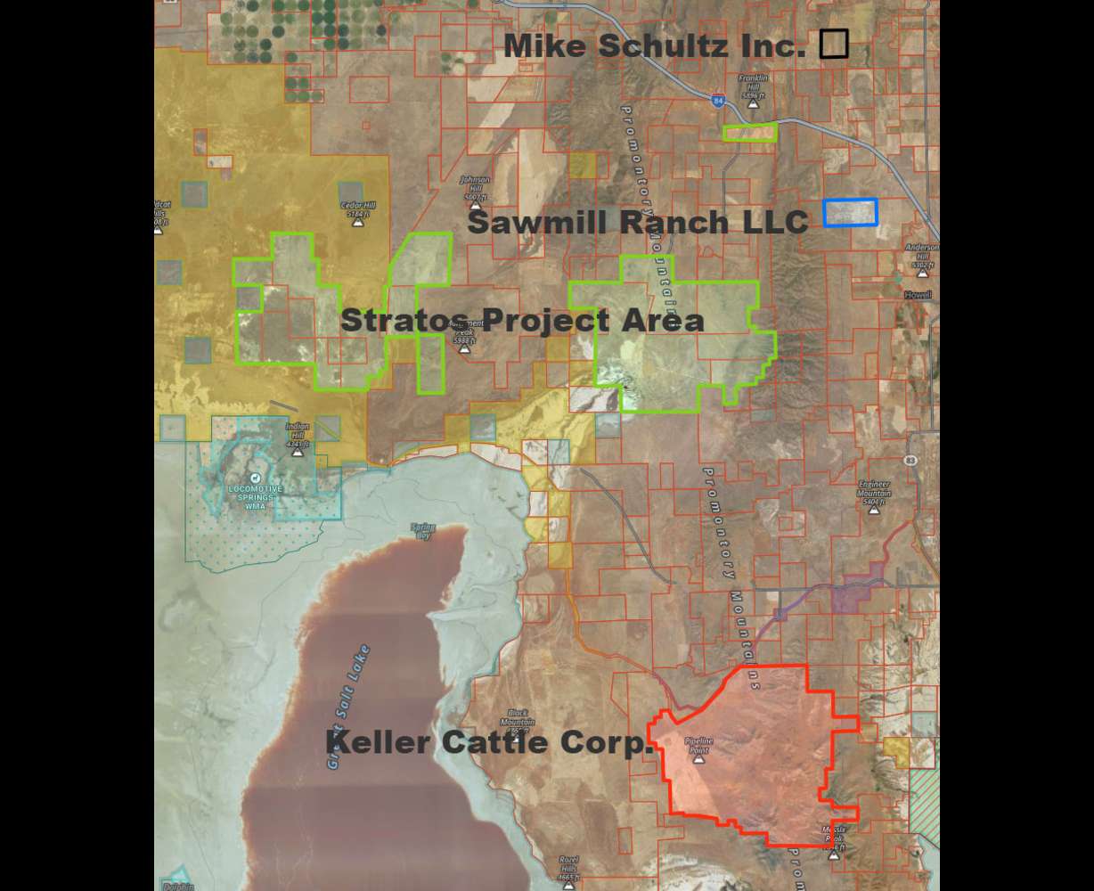 This screenshot shows the approximate parcels of land owned by House Speaker Mike Schultz's companies in relation to the land planned for the Stratos Project Area data center in Box Elder County. Three separate tracts of land for the data center are highlighted in green.