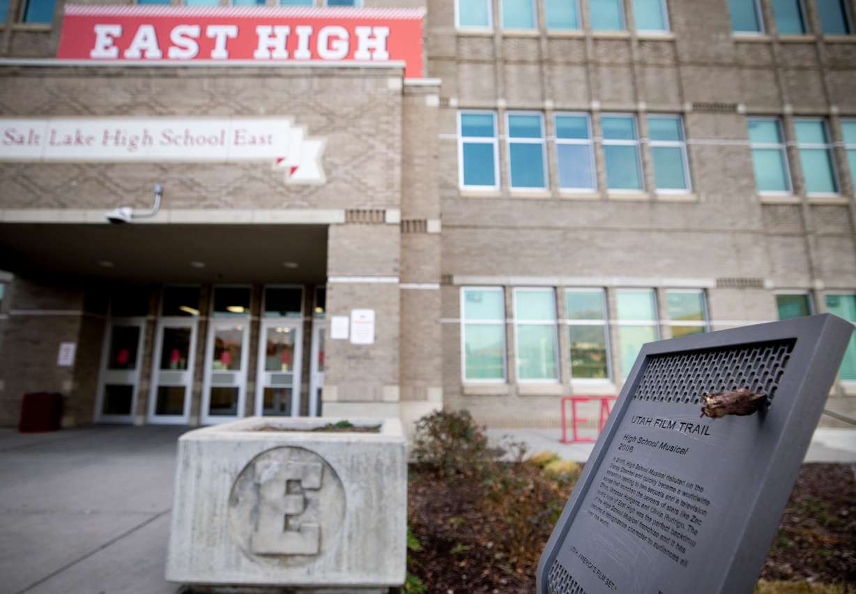 A plaque for the Utah Film Trail sits outside of East High School in Salt Lake City on Jan. 12. Actor Joshua Bassett made a stop at the school as part of his book tour on Friday.