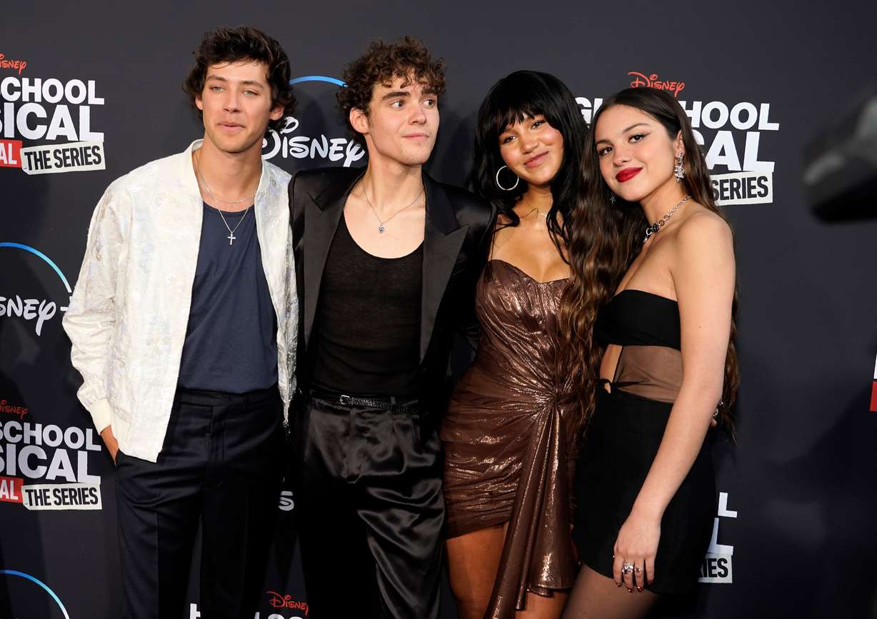 Matt Cornett, Joshua Bassett, Sofia Wylie and Olivia Rodrigo, cast members in "High School Musical: The Musical: The Series," at the Season 3 premiere on July 27, 2022, at Walt Disney Studios in Burbank, Calif. Bassett made a stop in Utah on Friday as part of his book tour.