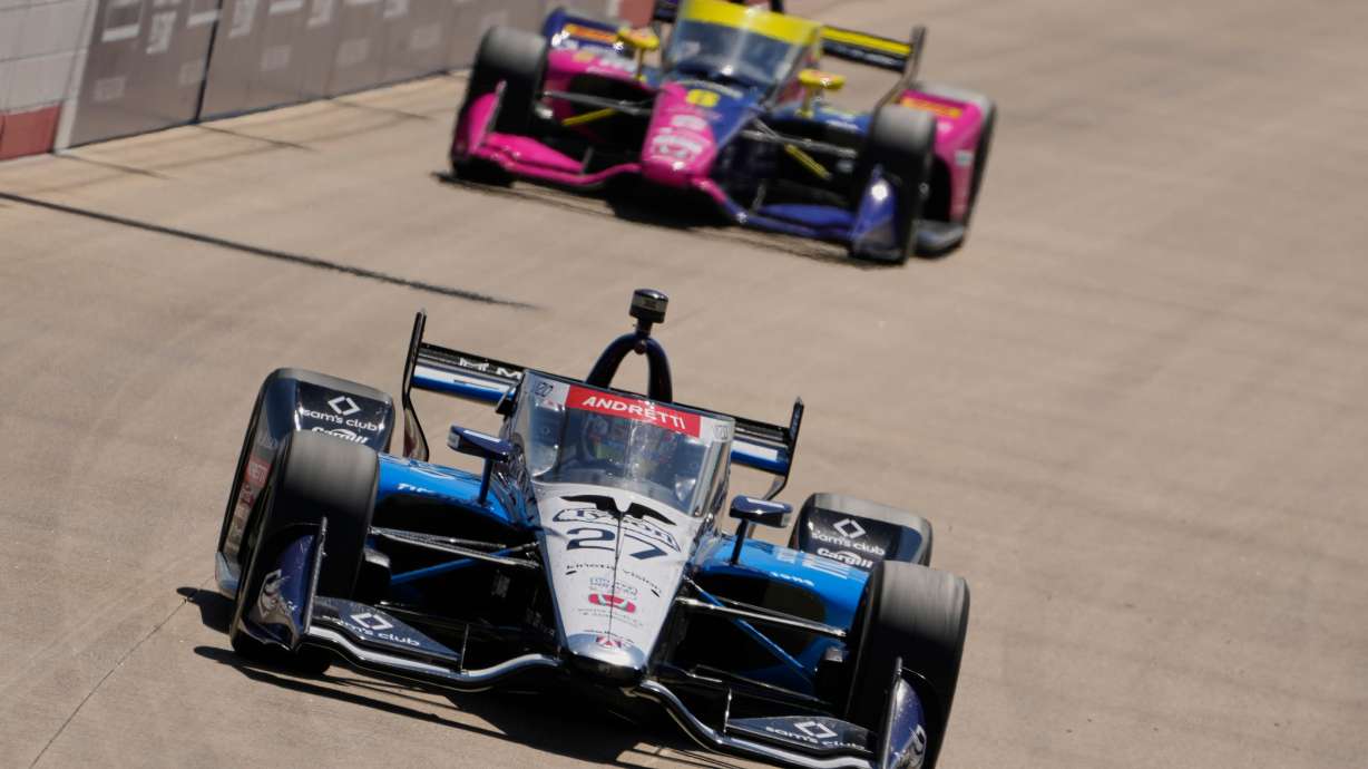 FILE - Kyle Kirkwood (27) drives during an IndyCar auto race Aug. 31, 2025, at Nashville Superspeedway in Lebanon, Tenn.