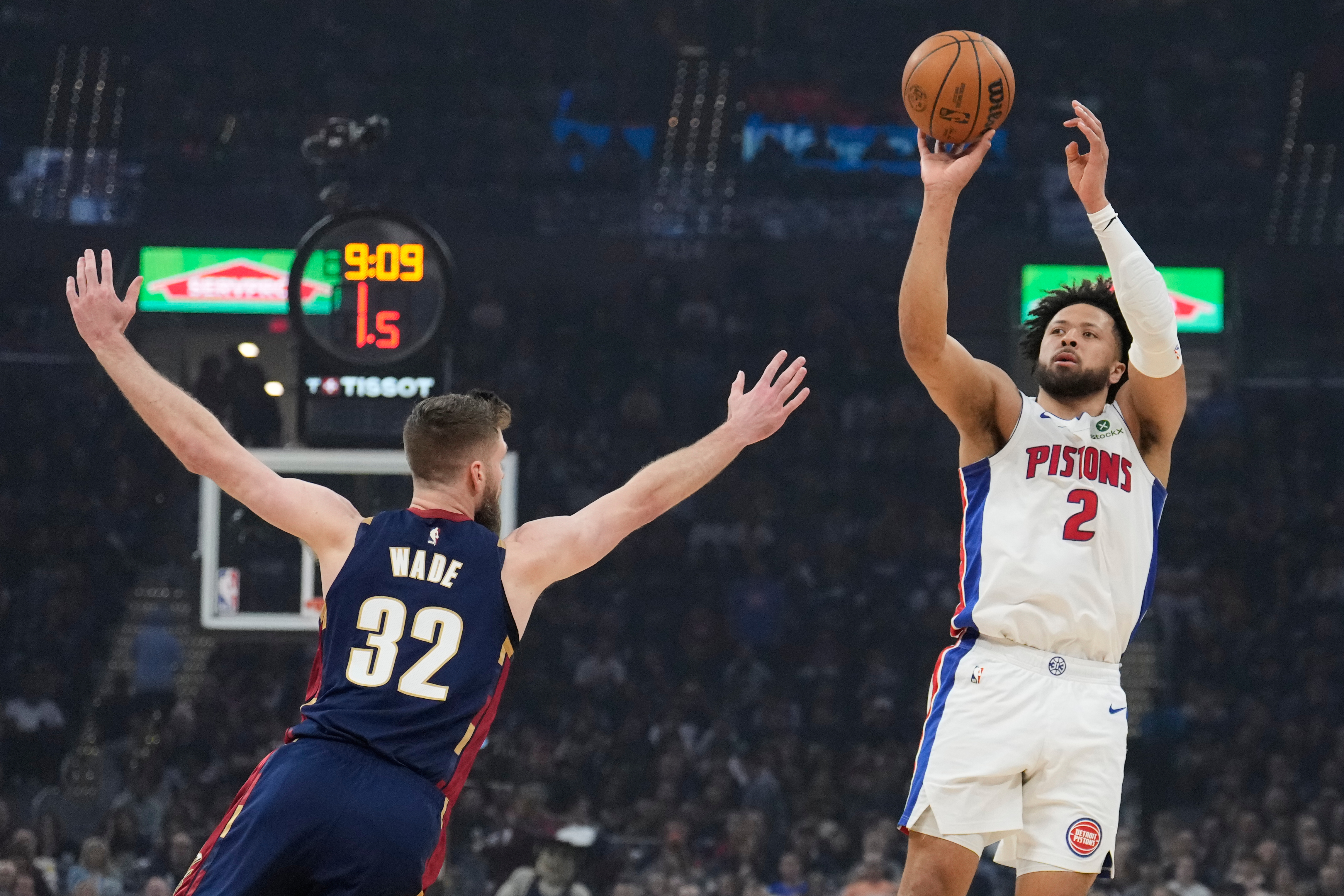 Detroit Pistons' Cade Cunningham (2) shoots over Cleveland Cavaliers' Dean Wade (32) in the first half of Game 6 of a second-round NBA basketball playoffs series Friday, May 15, 2026, in Cleveland.
