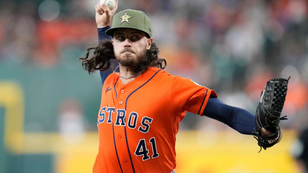 Houston Astros starting pitcher Spencer Arrighetti delivers to Texas Rangers' Joc Pederson during the first inning of a baseball game, Friday, May 15, 2026, in Houston.