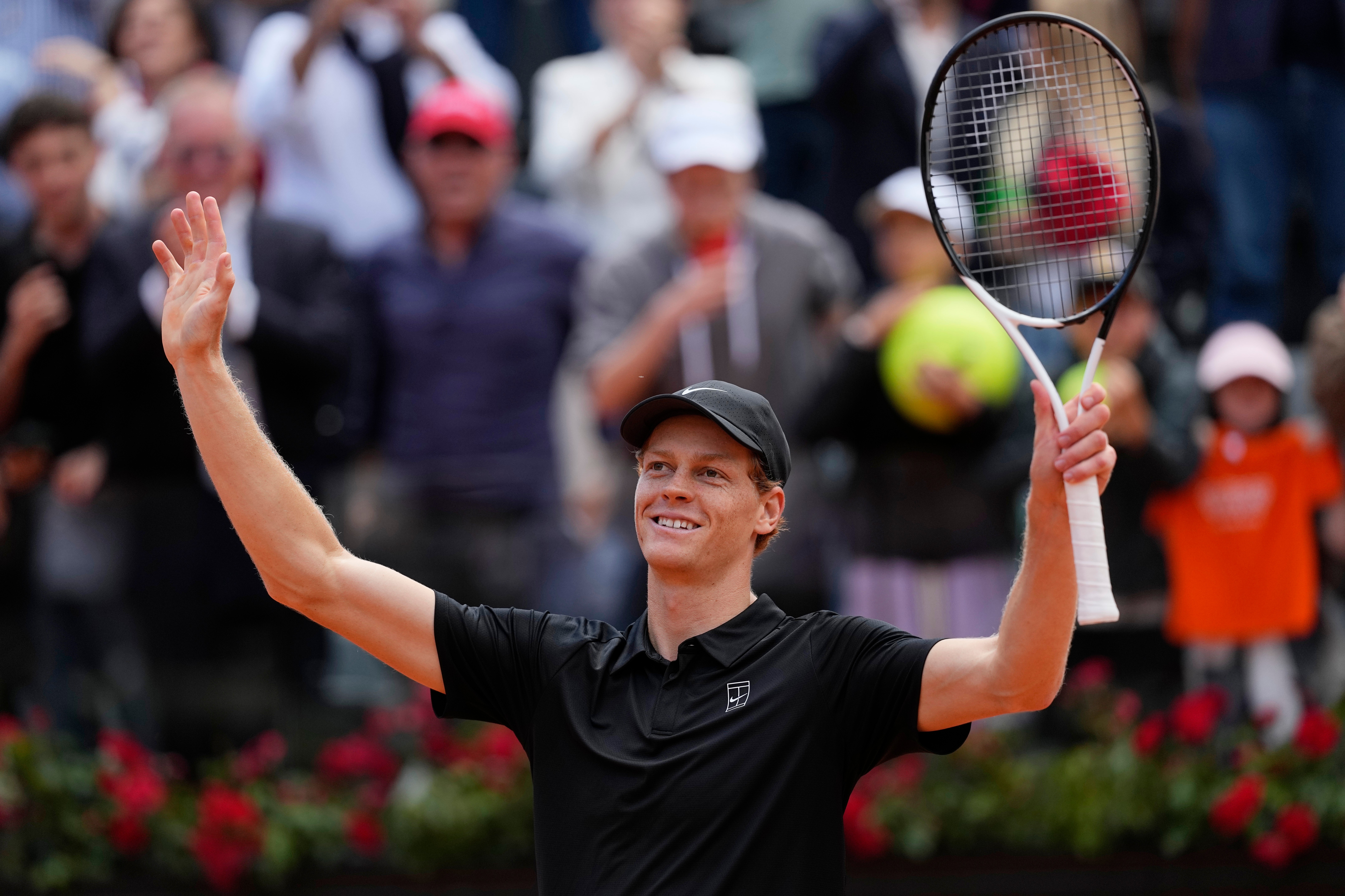 Italy's Jannik Sinner celebrates after winning against Daniil Medvedev of Russia during their semifinal match at the Italian Open tennis tournament in Rome, Saturday, May 16, 2026. 