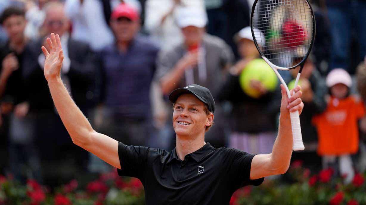 Italy's Jannik Sinner celebrates after winning against Daniil Medvedev of Russia during their semifinal match at the Italian Open tennis tournament in Rome, Saturday, May 16, 2026.