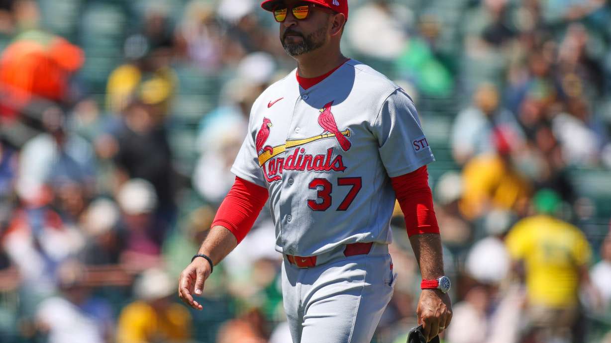 St. Louis Cardinals manger Oliver Marmol walks to the dugout after making a pitching change during the seventh inning of a baseball game against the Athletics, Thursday, May 14, 2026, in West Sacramento, Calif.
