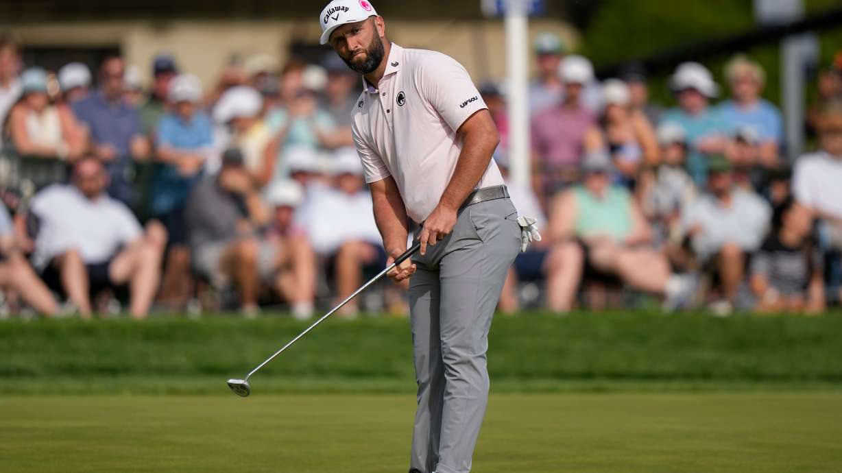 Jon Rahm, of Spain, putts on the 18th green during the third round of the PGA Championship golf tournament at Aronimink Golf Club, Saturday, May 16, 2026, in Newtown Square, PA.