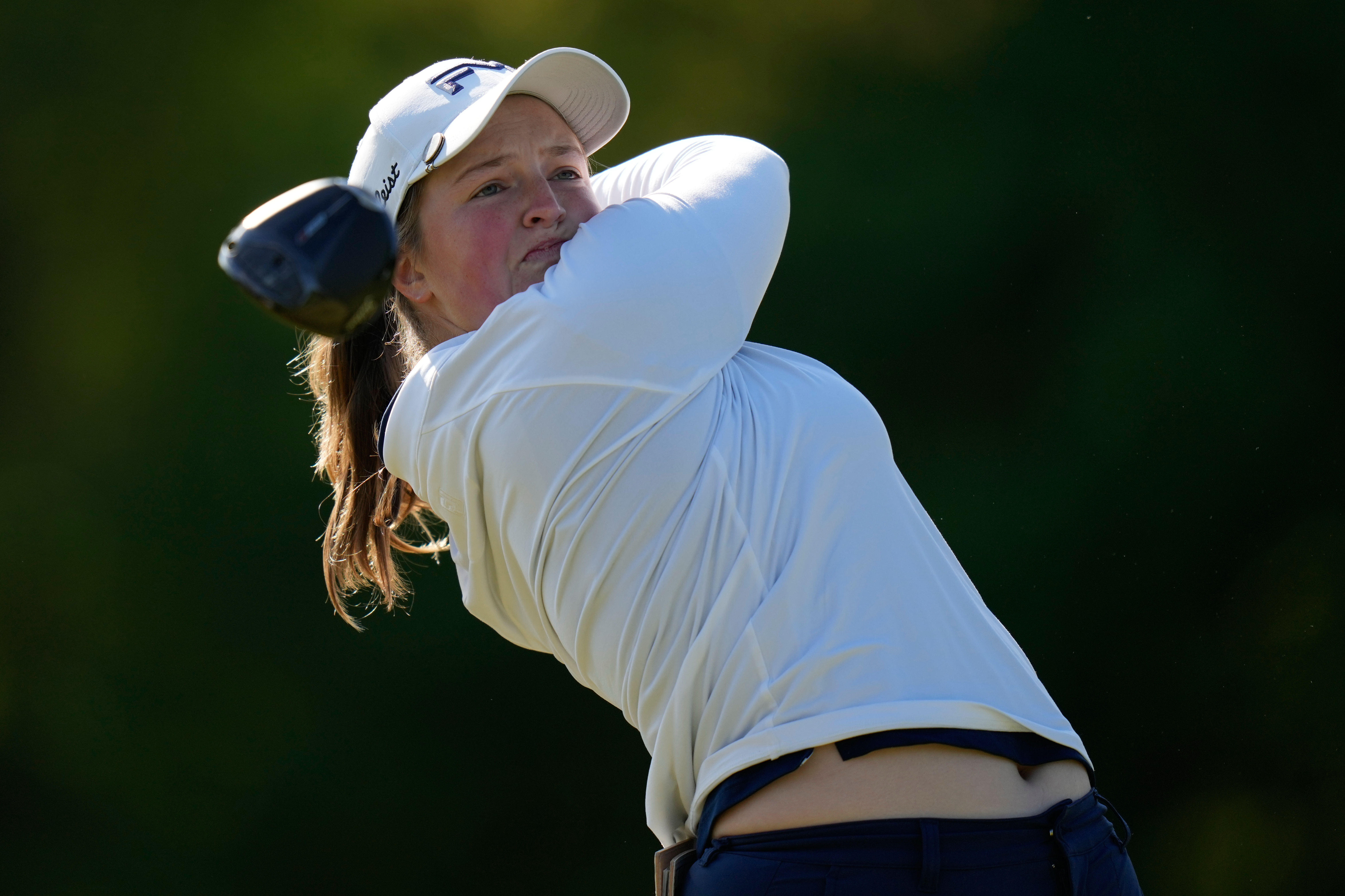 Lottie Woad, of England, hits off the third tee during the first round of the Mizuho Americas Open LPGA golf tournament, Thursday, May 7, 2026, in West Caldwell, N.J. 