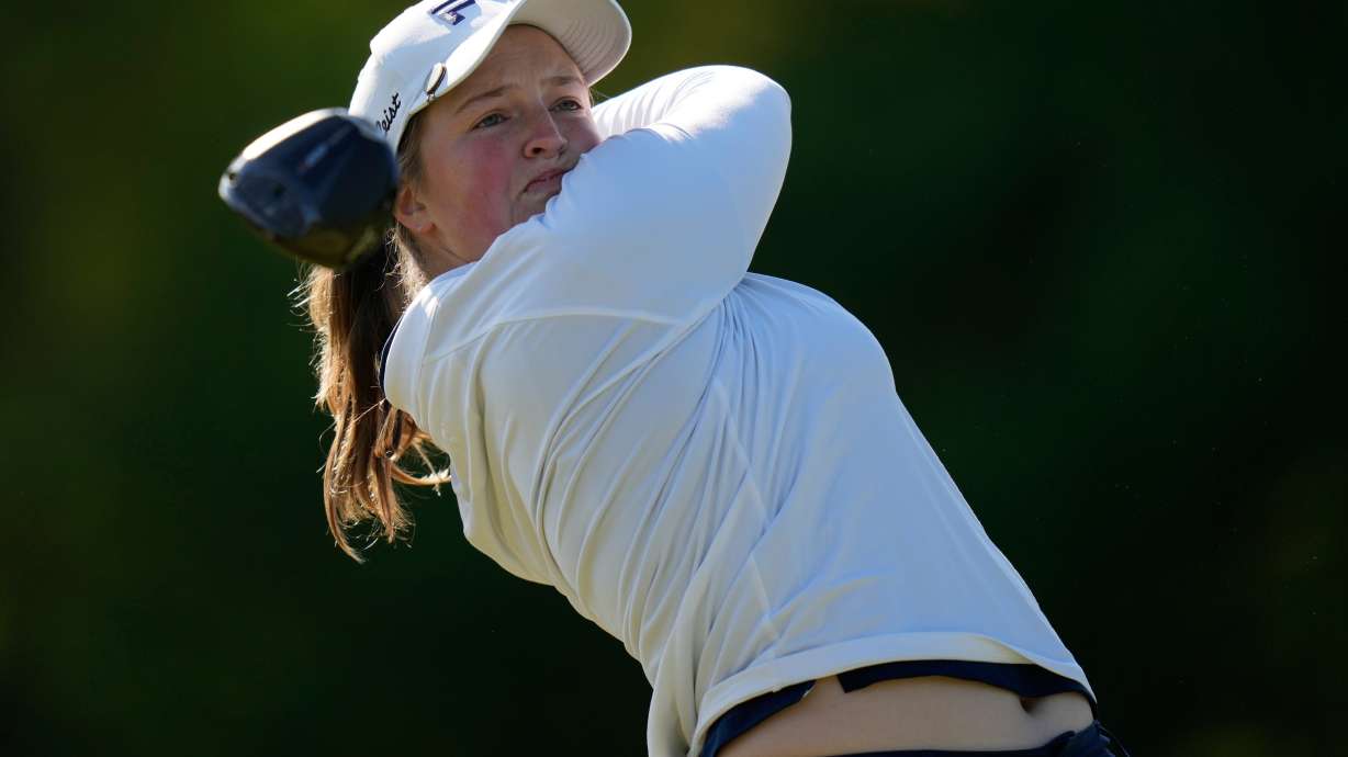 Lottie Woad, of England, hits off the third tee during the first round of the Mizuho Americas Open LPGA golf tournament, Thursday, May 7, 2026, in West Caldwell, N.J.