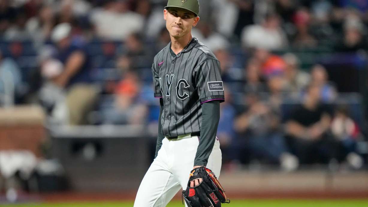 New York Mets pitcher Luke Weaver reacts after the eighth inning of a baseball game against the New York Yankees, Saturday, May 16, 2026, in New York.