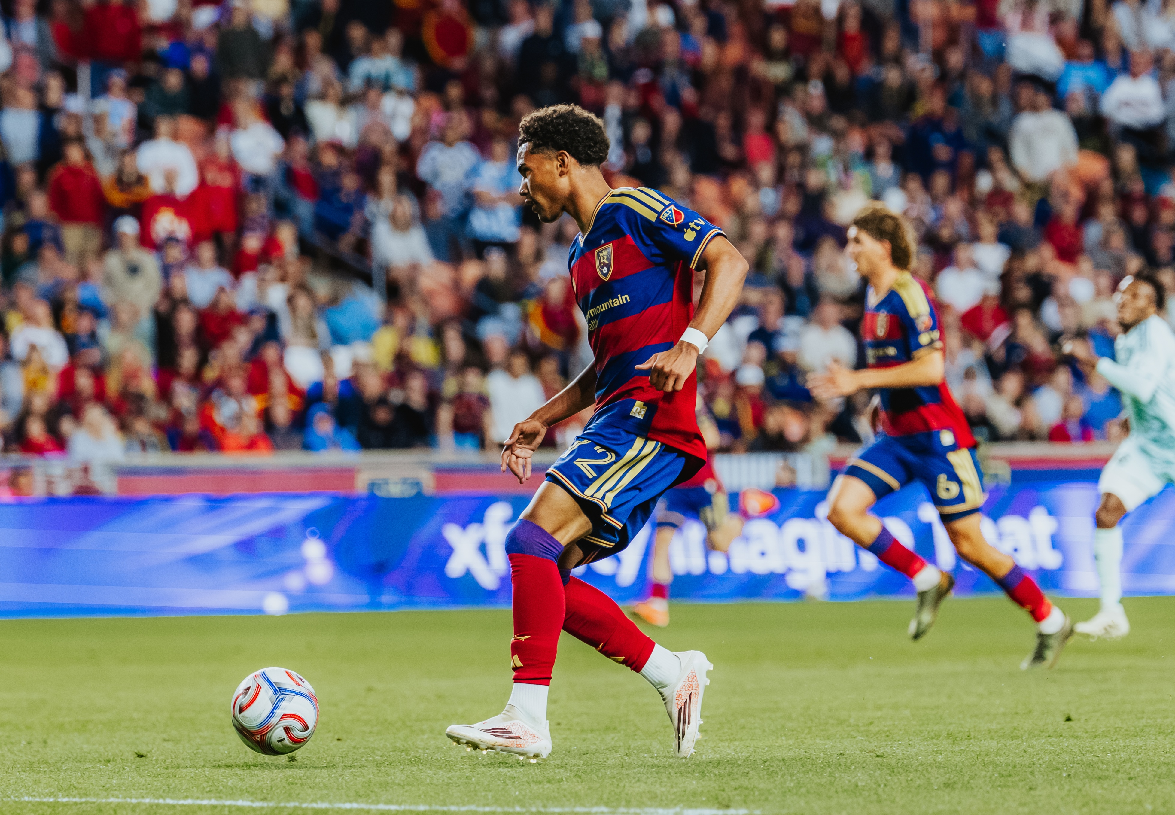 Real Salt Lake winger Zavier Gozo looks to attack during a 2-1 win over the Colorado Rapids in an MLS match, Saturday, May 16, 2026 in Sandy, Utah.