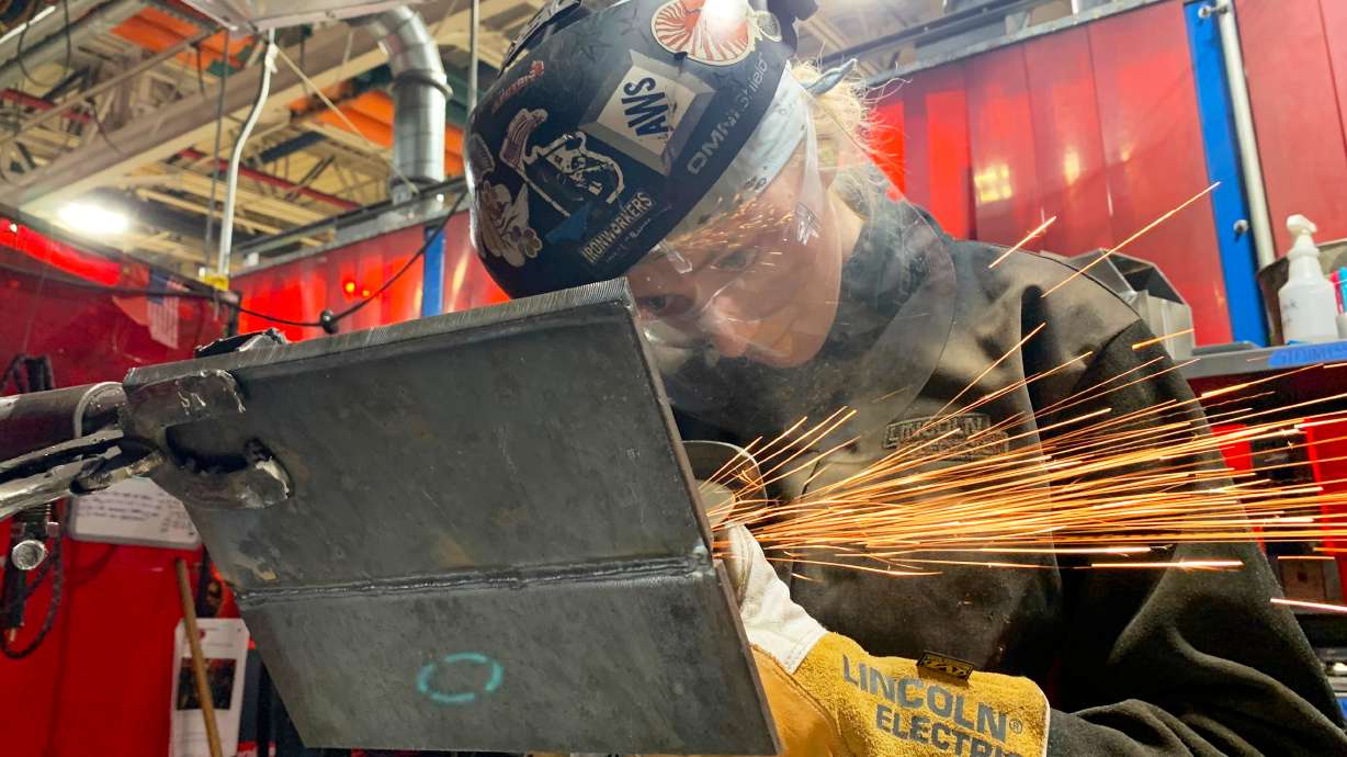 Student Mikala Sposito welds at Washtenaw Community College on Friday, May 1, 2026, in Ann Arbor., Mich.