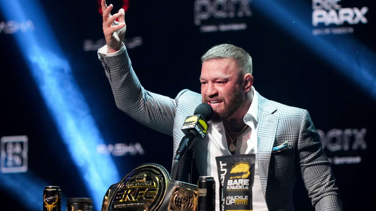 FILE - Conor McGregor speaks during a KnuckleMania V boxing news conference, on Jan. 23, 2025, in Bensalem, Pa.