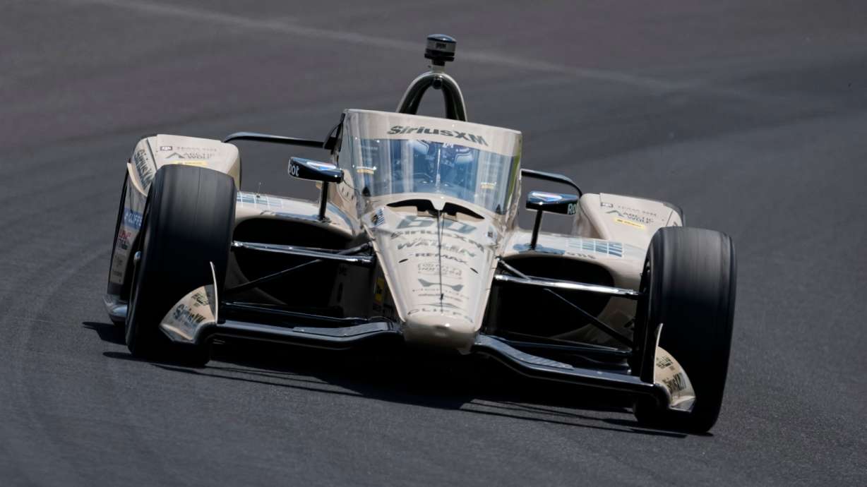 Felix Rosenqvist, of Sweden, drives through the third turn during qualifications for the Indianapolis 500 auto race at the Indianapolis Motor Speedway in Indianapolis, Sunday, May 17, 2026.