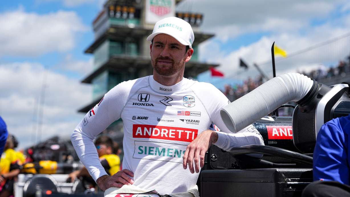 FILE - Kyle Kirkwood leans on a tool box as he waits for is turn during qualification for the Indianapolis 500 auto race at Indianapolis Motor Speedway in Indianapolis, May 17, 2025.