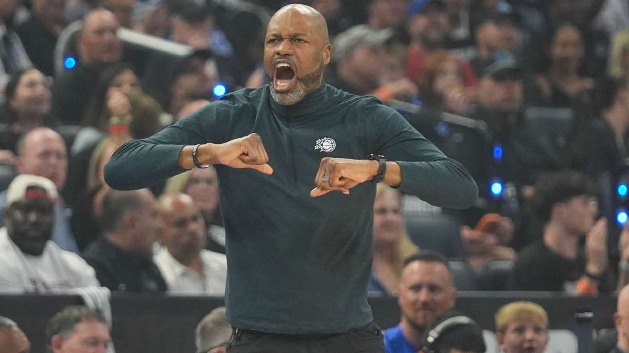 Orlando Magic head coach Jamahl Mosley directs his team against the Detroit Pistons during the first half in Game 6 of a first-round NBA basketball playoffs series, Friday, May 1, 2026, in Orlando, Fla.
