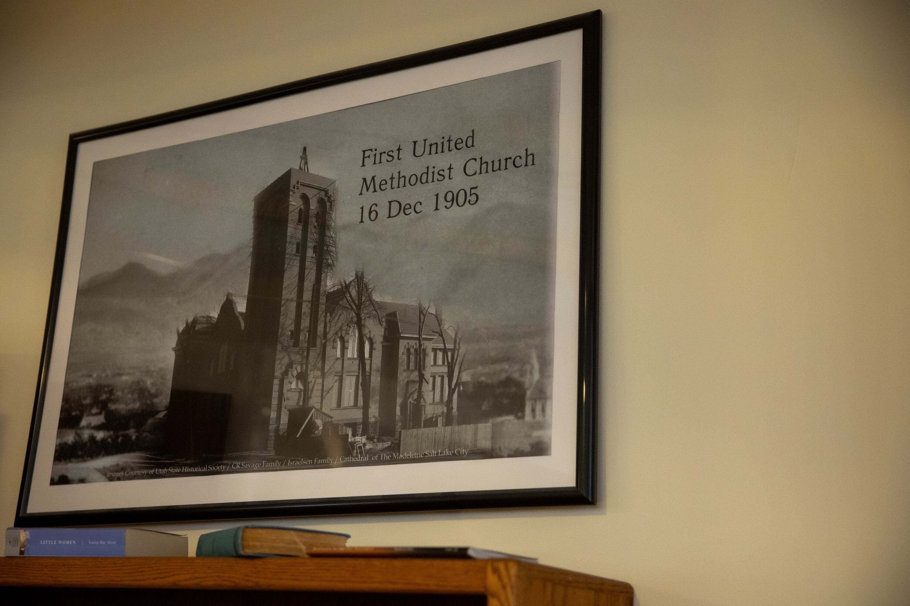 A photograph of the First United Methodist Church hangs in the basement as the church celebrates the 120th anniversary of its Salt Lake City building on Sunday.