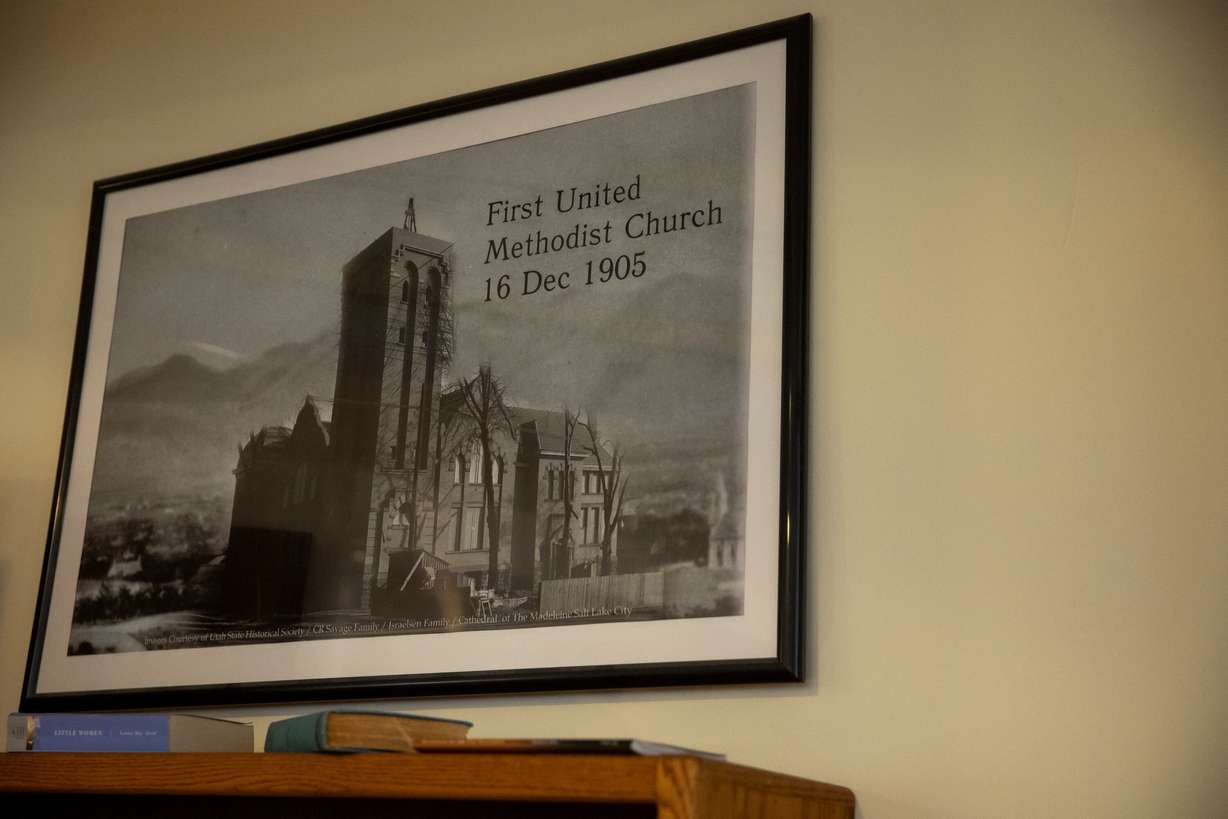A photograph of the First United Methodist Church hangs in the basement as the church celebrates the 120th anniversary of its Salt Lake City building on Sunday.