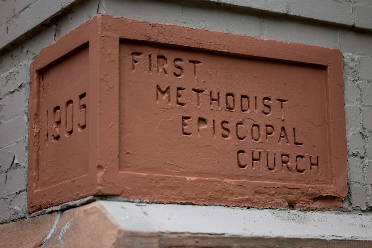 The cornerstone at the First United Methodist Church in Salt Lake City on Sunday.