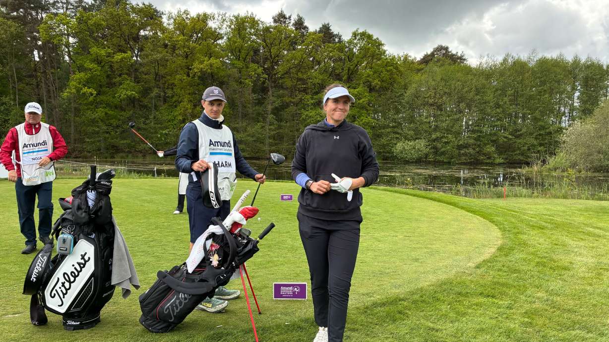 Leonie Harm, right, attends the German Masters golf tournament on the Ladies European Tour in Winsen Germany, Saturday, May 16, 2026.