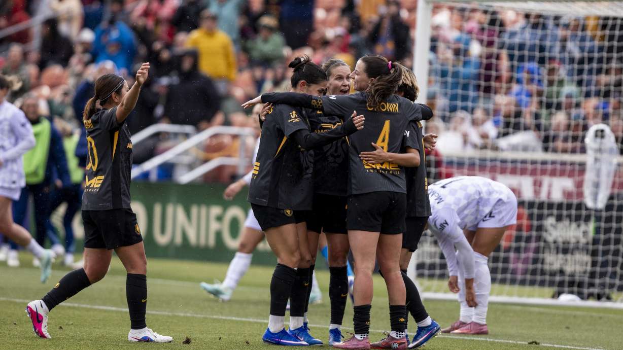 Utah Royals FC celebrate a goal during a 2-1 win over Racing Louisville FC, Sunday, May 17, 2026 at America First Field in Sandy, Utah.