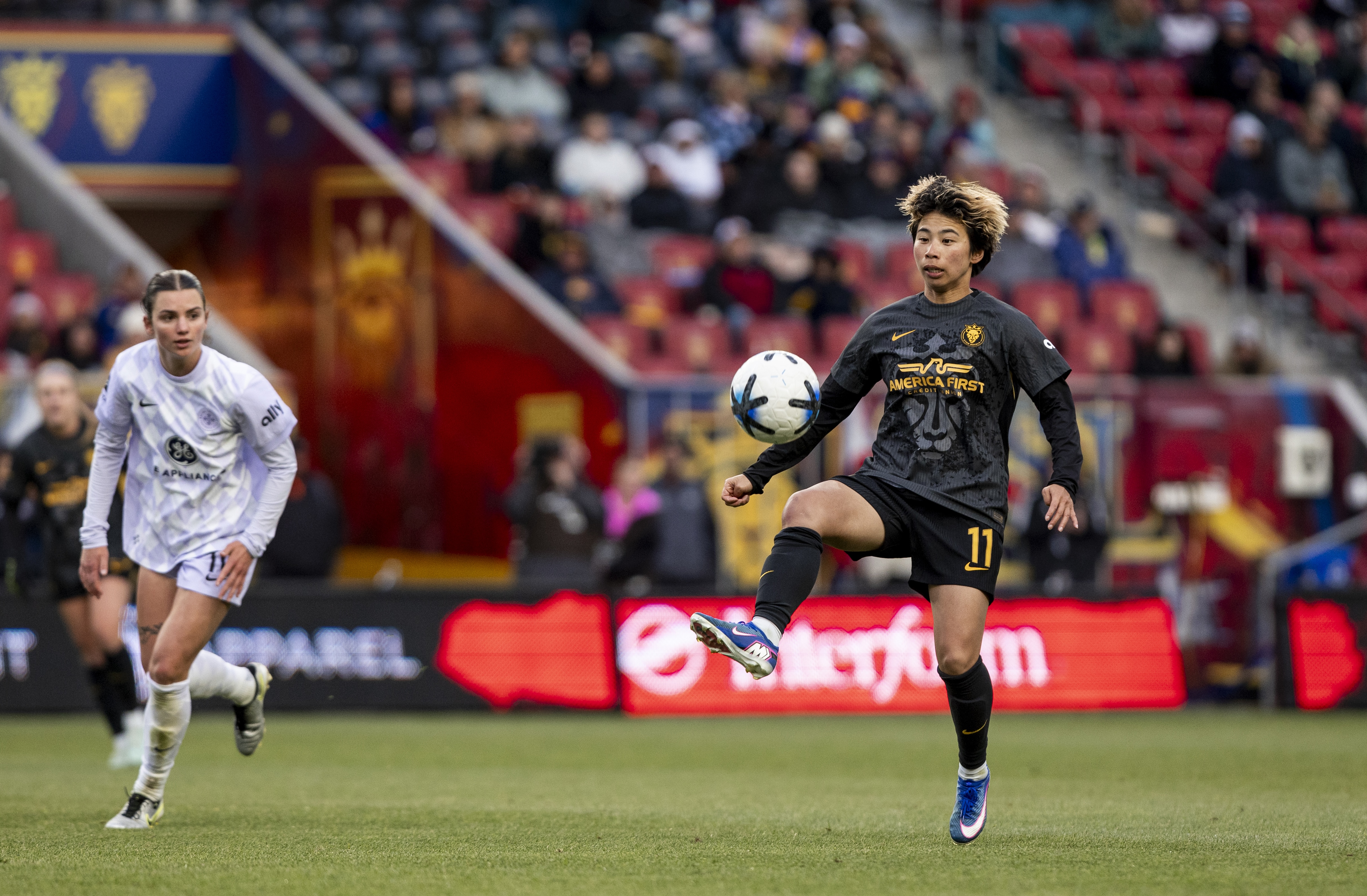 Utah Royals forward Mina Tanaka dribbles the ball during a 2-1 win over Racing Louisville in an NWSL match, Sunday, May 17, 2026 at America First Field in Sandy, Utah.