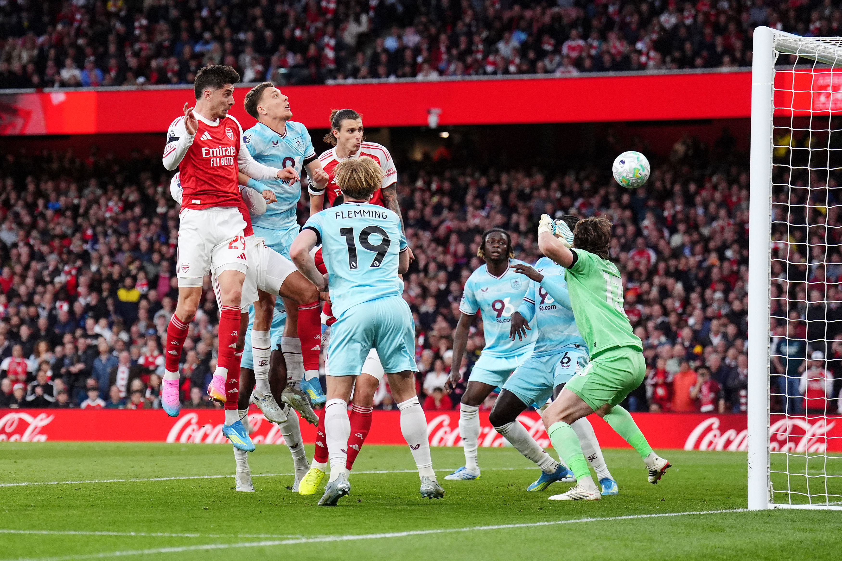 Arsenal's Kai Havertz, left, scores their side's first goal during the English Premier League soccer match between Arsenal and Burnley in London, Monday May 18, 2026. 