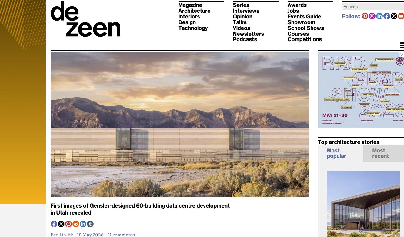 Dezeen, an architectural publication, published renderings designed by Gensler of a data center to be built in Box Elder County.