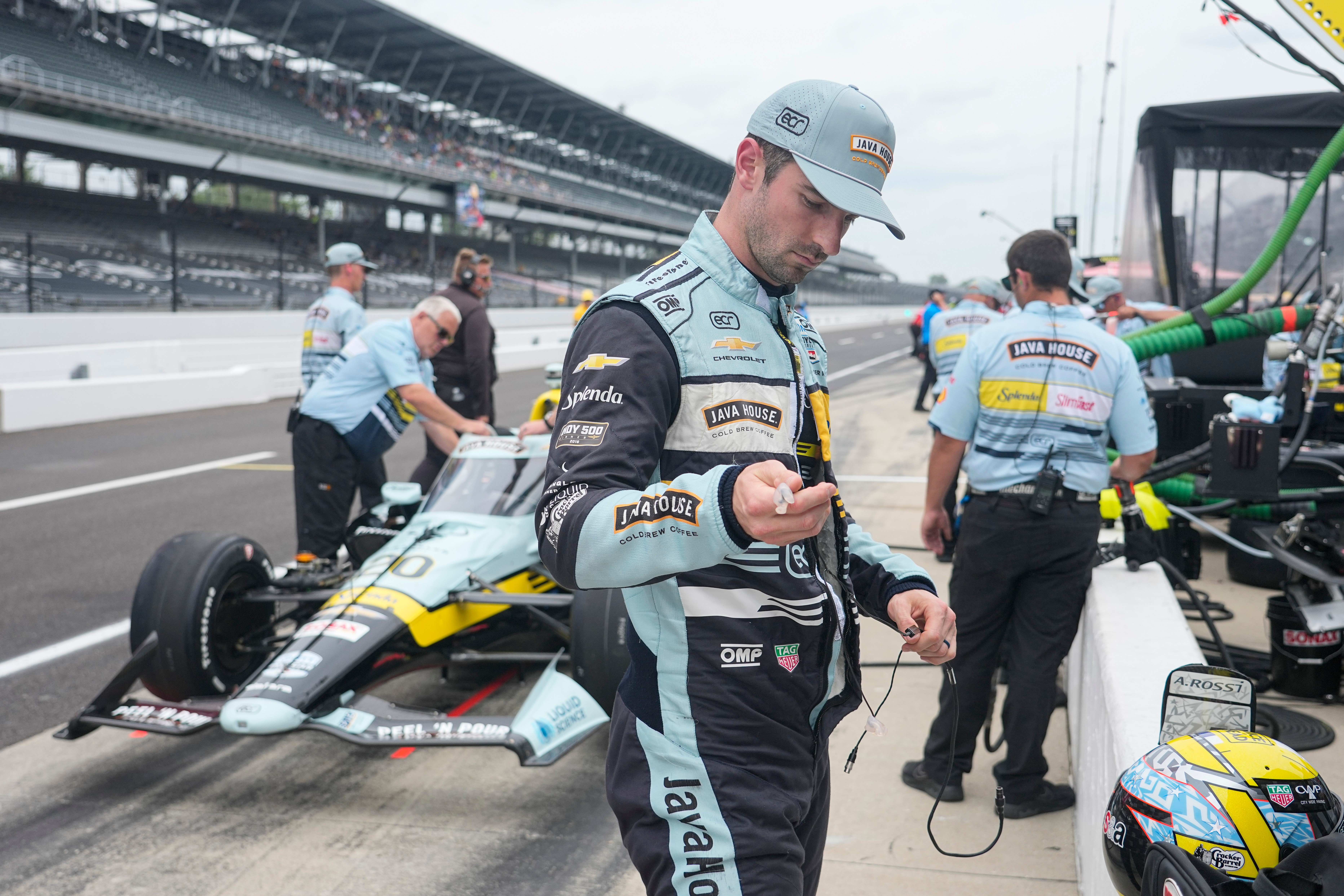 Alexander Rossi prepares too drive during practice for the Indianapolis 500 auto race at the Indianapolis Motor Speedway in Indianapolis, Monday, May 18, 2026. 