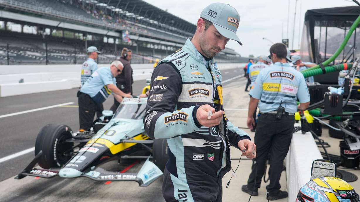 Alexander Rossi prepares too drive during practice for the Indianapolis 500 auto race at the Indianapolis Motor Speedway in Indianapolis, Monday, May 18, 2026.