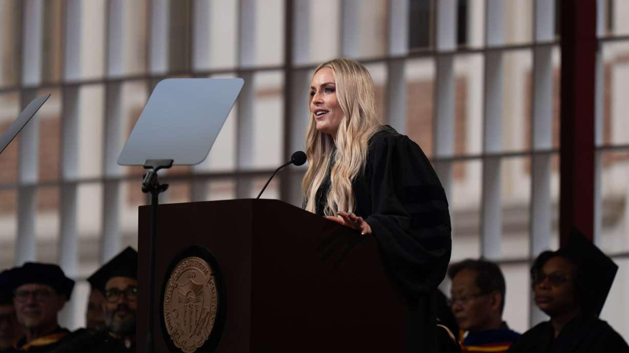 Alpine ski racer Lindsey Vonn delivers a commencement address for the University of Southern California's Annenberg School for Communication and Journalism in Los Angeles, Friday.