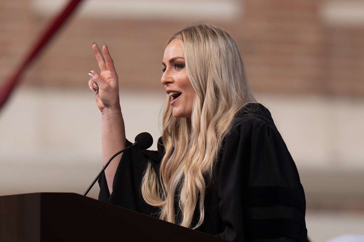 Alpine ski racer Lindsey Vonn gestures while delivering a commencement address for the University of Southern California's Annenberg School for Communication and Journalism in Los Angeles, Friday.