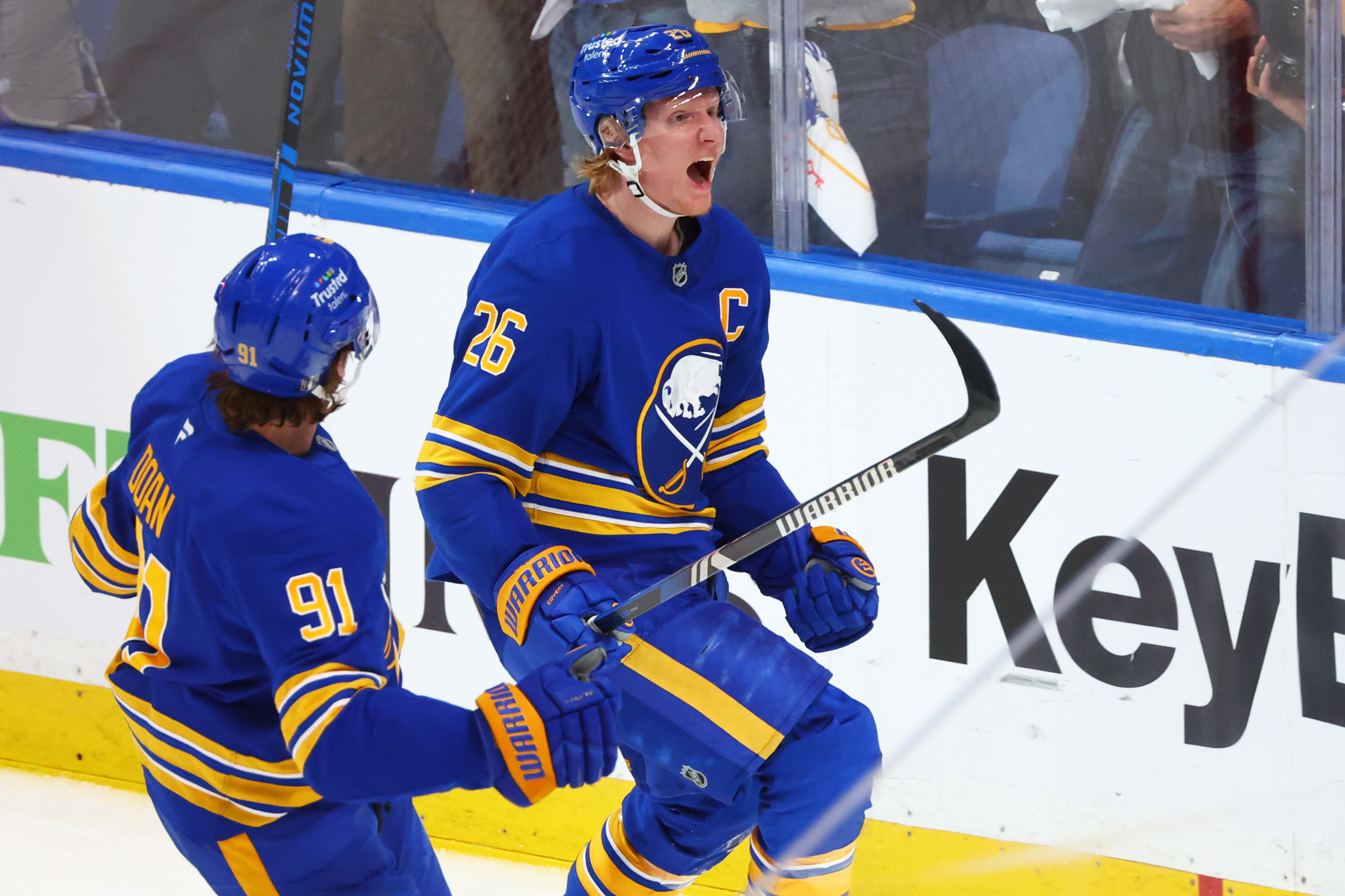 Buffalo Sabres defenseman Rasmus Dahlin (26) celebrates after his goal during the third period in Game 7 of a second-round NHL hockey Stanley Cup playoff series against the Montreal Canadiens, Monday, May 18, 2026, in Buffalo, N.Y. 