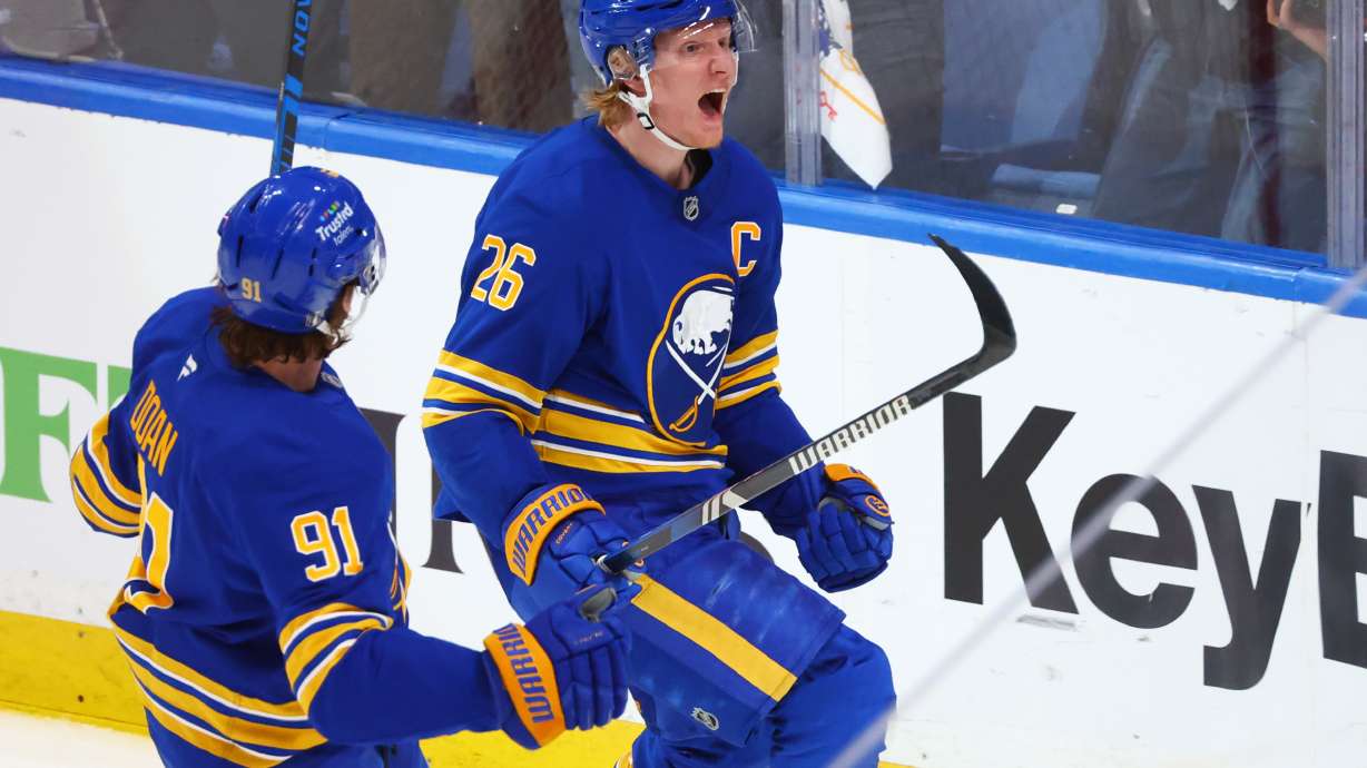 Buffalo Sabres defenseman Rasmus Dahlin (26) celebrates after his goal during the third period in Game 7 of a second-round NHL hockey Stanley Cup playoff series against the Montreal Canadiens, Monday, May 18, 2026, in Buffalo, N.Y.