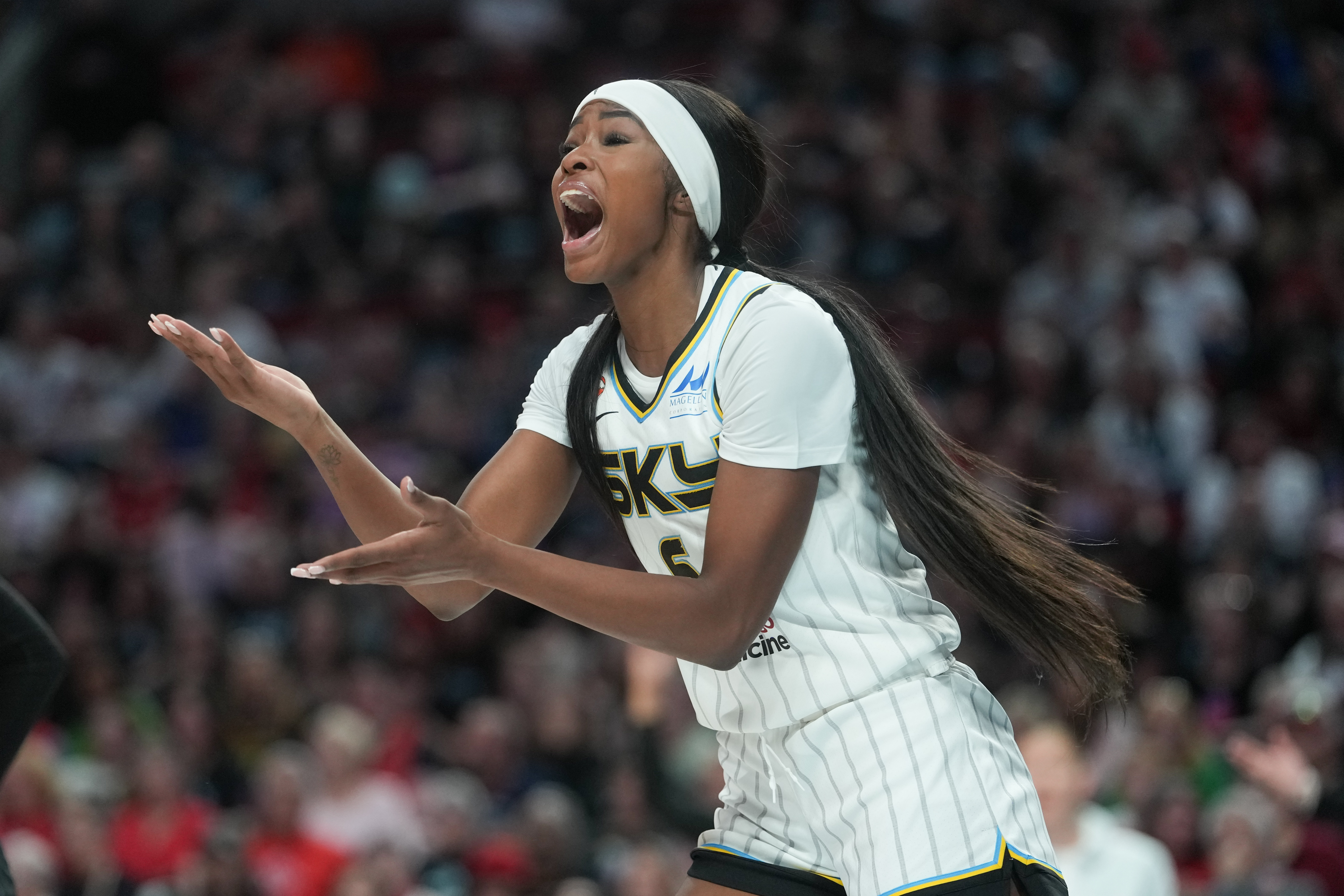 Chicago Sky forward Rickea Jackson reacts after a call during the second half of a WNBA basketball game against the Portland Fire, Saturday, May 9, 2026, in Portland, Ore. 