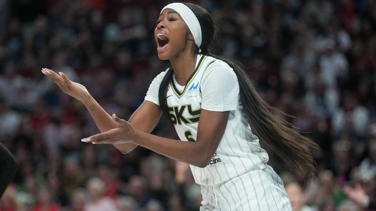 Chicago Sky forward Rickea Jackson reacts after a call during the second half of a WNBA basketball game against the Portland Fire, Saturday, May 9, 2026, in Portland, Ore.