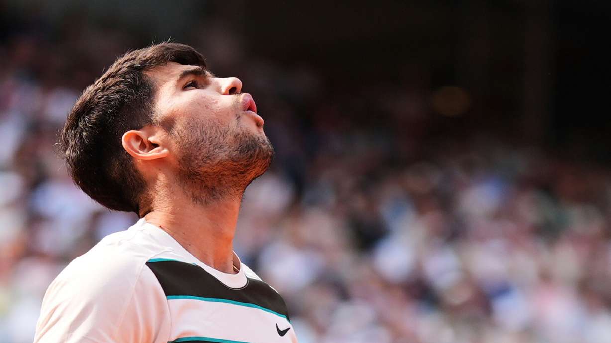 FILE - Spain's Carlos Alcaraz reacts during the final of the French Open tennis tournament against Italy's Jannik Sinner, Sunday, June 8, 2025, in Paris.