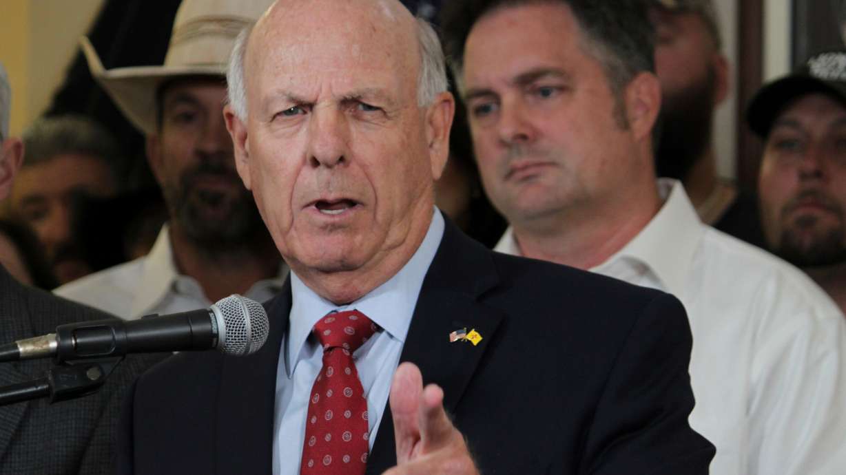 Republican Party of New Mexico Chairman Steve Pearce answers a reporter's question about the party's planned legal action against Gov. Michelle Lujan Grisham during a news conference in Albuquerque, N.M., on Sept. 12, 2023.