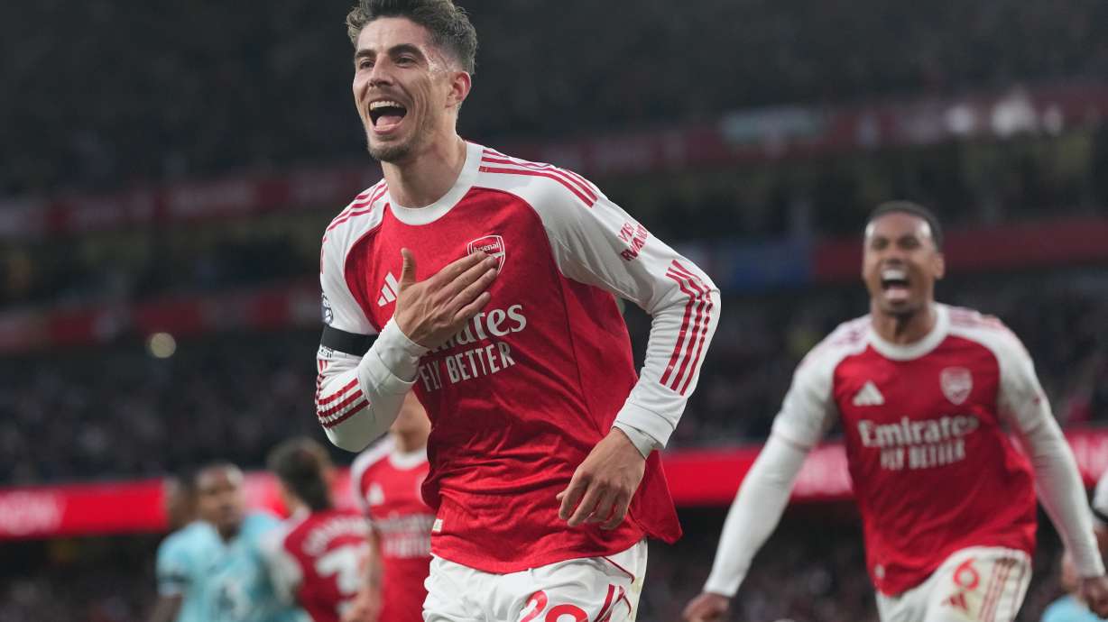 Arsenal's Kai Havertz celebrates after scoring during a Premier League soccer match between Arsenal and Burnley in London, Monday, May 18, 2026.
