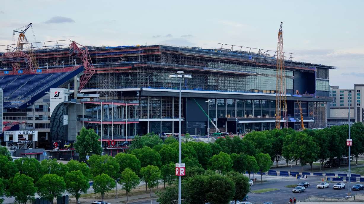 FILE - Construction continues on a new enclosed stadium for the Tennessee Titans NFL football team Monday, May 18, 2026, in Nashville, Tenn.
